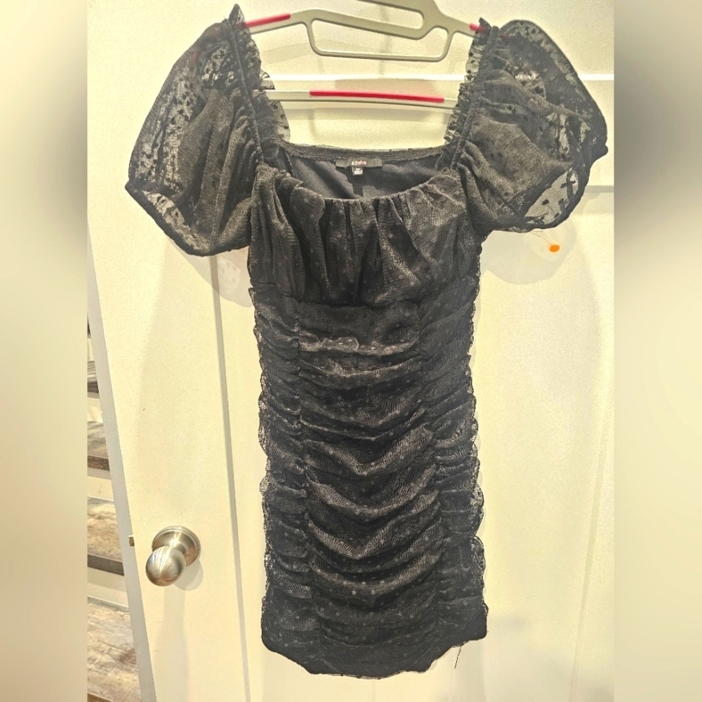 Bloshe Black Ruched Mesh Mini Dress Puff Sleeve Polka Dot – Size M